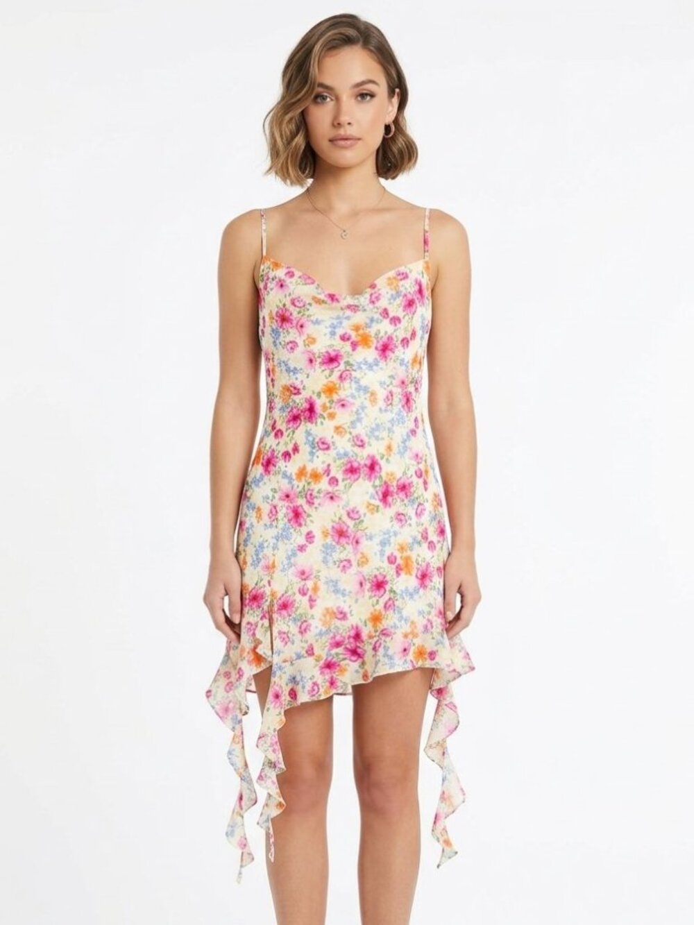 Jessica Simpson Floral Cowl Neck Ruffle Hem Mini Dress